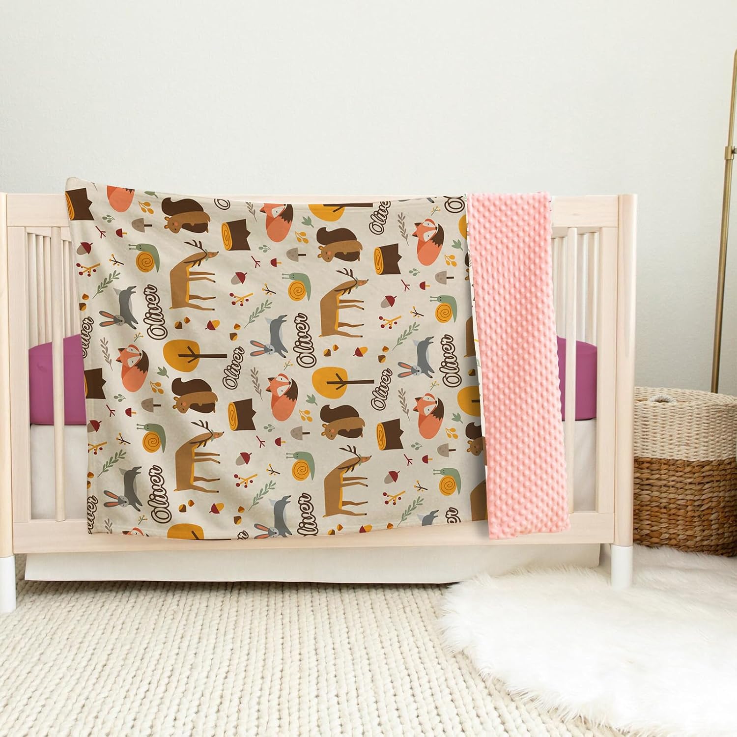 Personalized Baby Blanket - Woodland Animals Blanket with Customized Name - Custom Soft Plush Flannel Blankets with Double Layer Dotted Backing for Kids Boys Girls Gift Beige