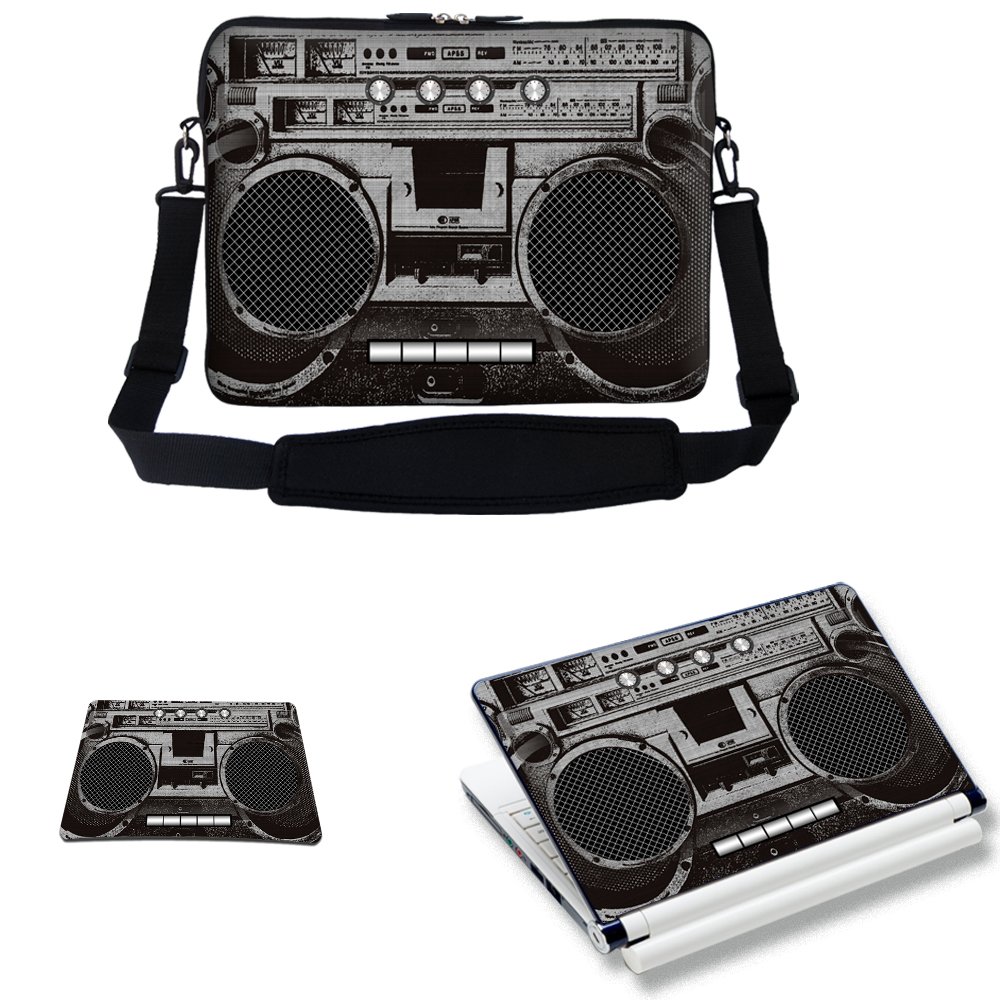 Meffort Inc 17 17.3 inch Laptop Carrying Sleeve Bag Case with Hidden Handle & Adjustable Shoulder Strap with Matching Skin Sticker and Mouse Pad Combo - Cassette Player