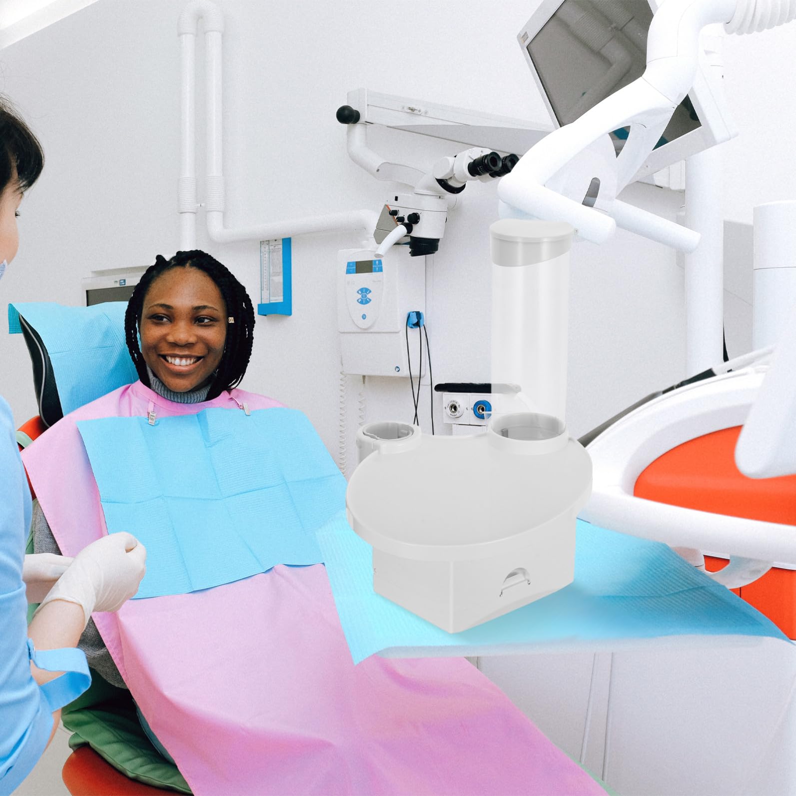 Vassoio Odontoiatrico 3 in 1 in Plastico Bianco per Clinica | Sistema Integrato con Portatovaglioli, Portabicchiere e Piano Porta Strumenti, per Postazione Odontoiatrica