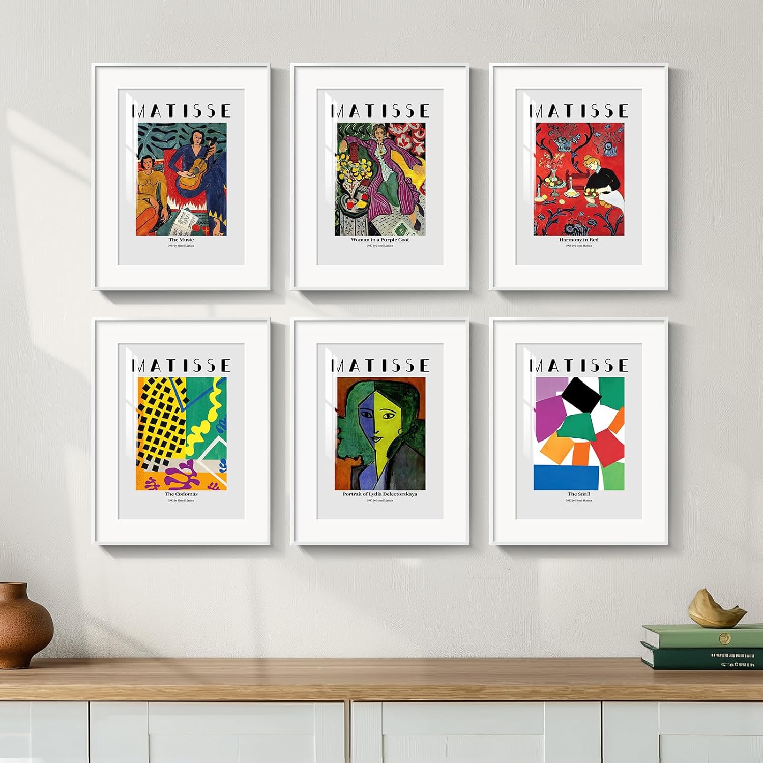 Framed Matisse Wall Art Set of 6 – 11x14 Abstract Prints, Colorful Modern Art Posters Prints for Bathroom, Living Room, Bedroom, Home Office – Aesthetic Gallery Decor, White Frame Included