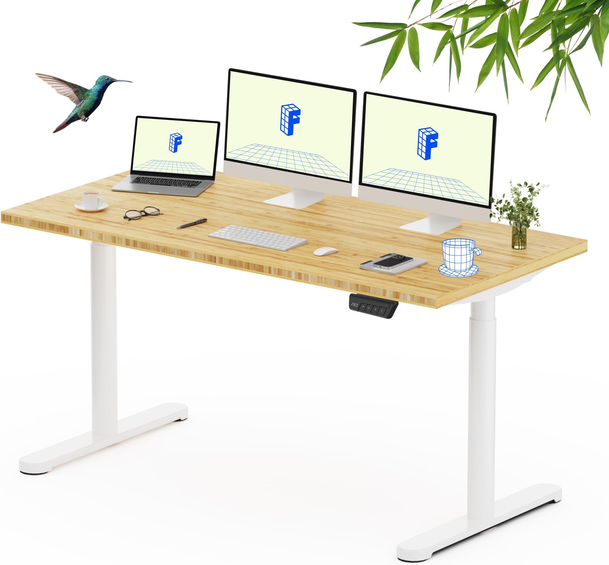 Solid Wood Standing Desk, One-Piece Real Wood Desktop, Electric Height Adjustable Desk for Home Office, 176 LBS Capacity (60"x30" Bamboo, White Oval Legs)