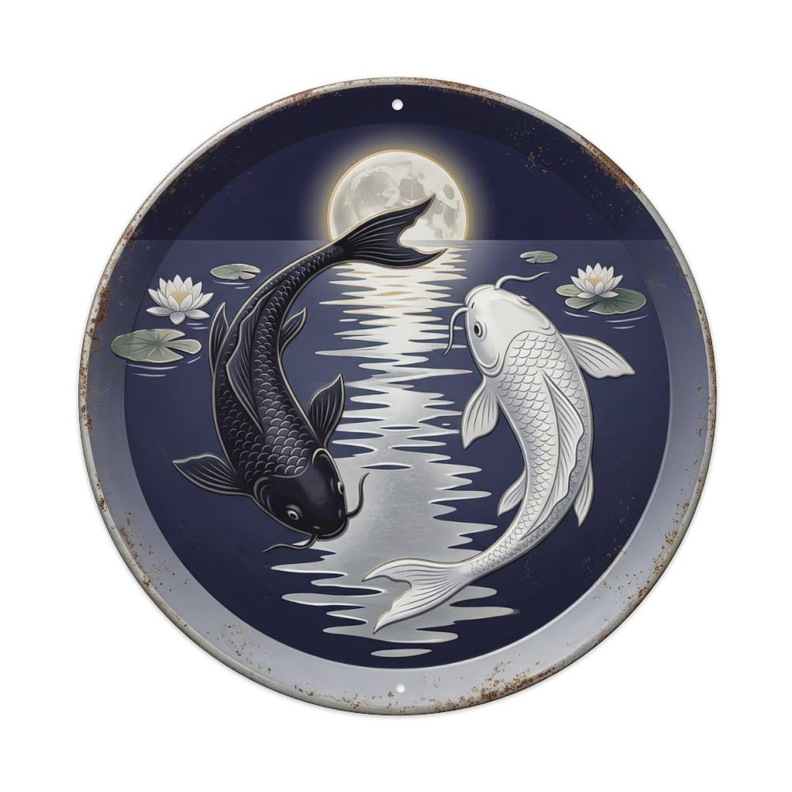 Moonlight Pond Stillness Koi Fish 1 Metal Tin Sign Plaque Wall Decor for Cafe, Club, Garden Round Metal Poster 8x8Inch