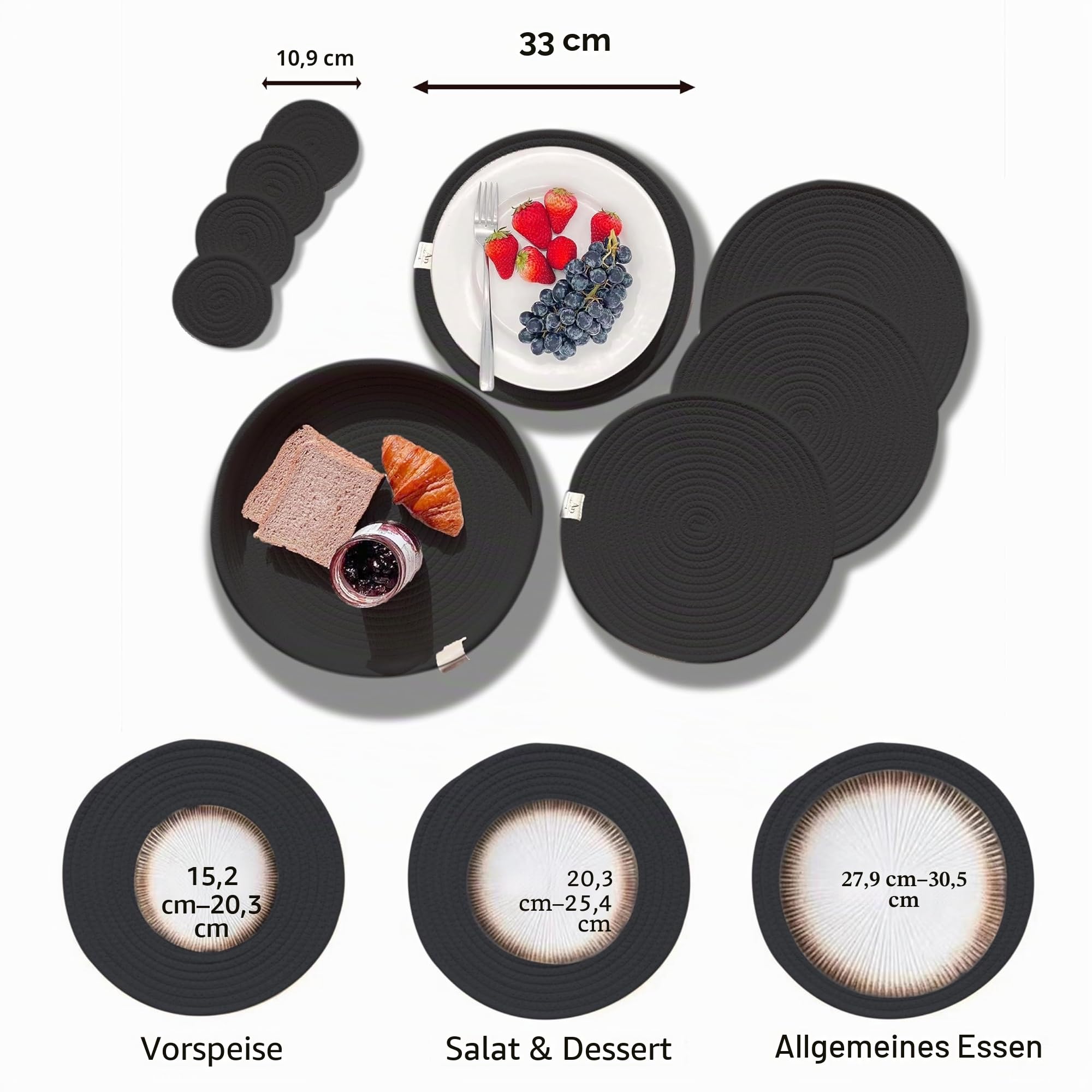 Gewebte runde Tischsets aus Baumwollseil, 4er-Set mit Halter & Untersetzern – 33 cm geflochtene Tischsets, rutschfest & hitzebeständig, Shabby Chic Farmhouse Tischdekor, Schwarz