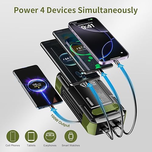 Miniatura 4 de Cargador solar de 73200 mAh, cargador portátil para portátil con entrada USB-C de 100 W, cables integrados, banco de energía de manivela para