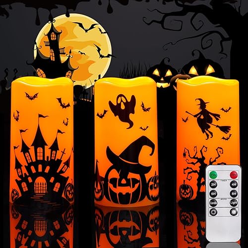 Homemory Velas de Halloween, velas naranjas sin llama, velas LED de pilar con pilas con temporizadores remotos para decoración de Halloween, día de