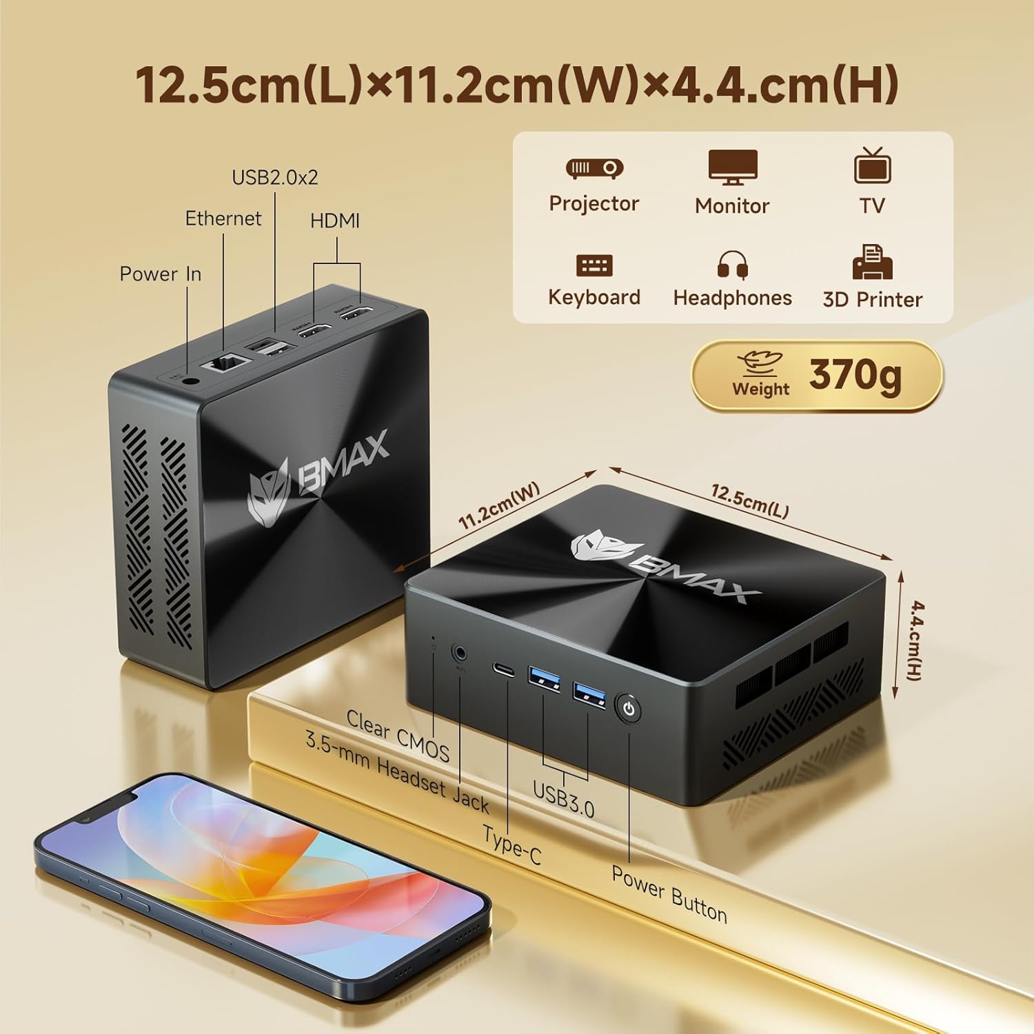 Bmax B8 Pro Mini PC dimensions and port layout