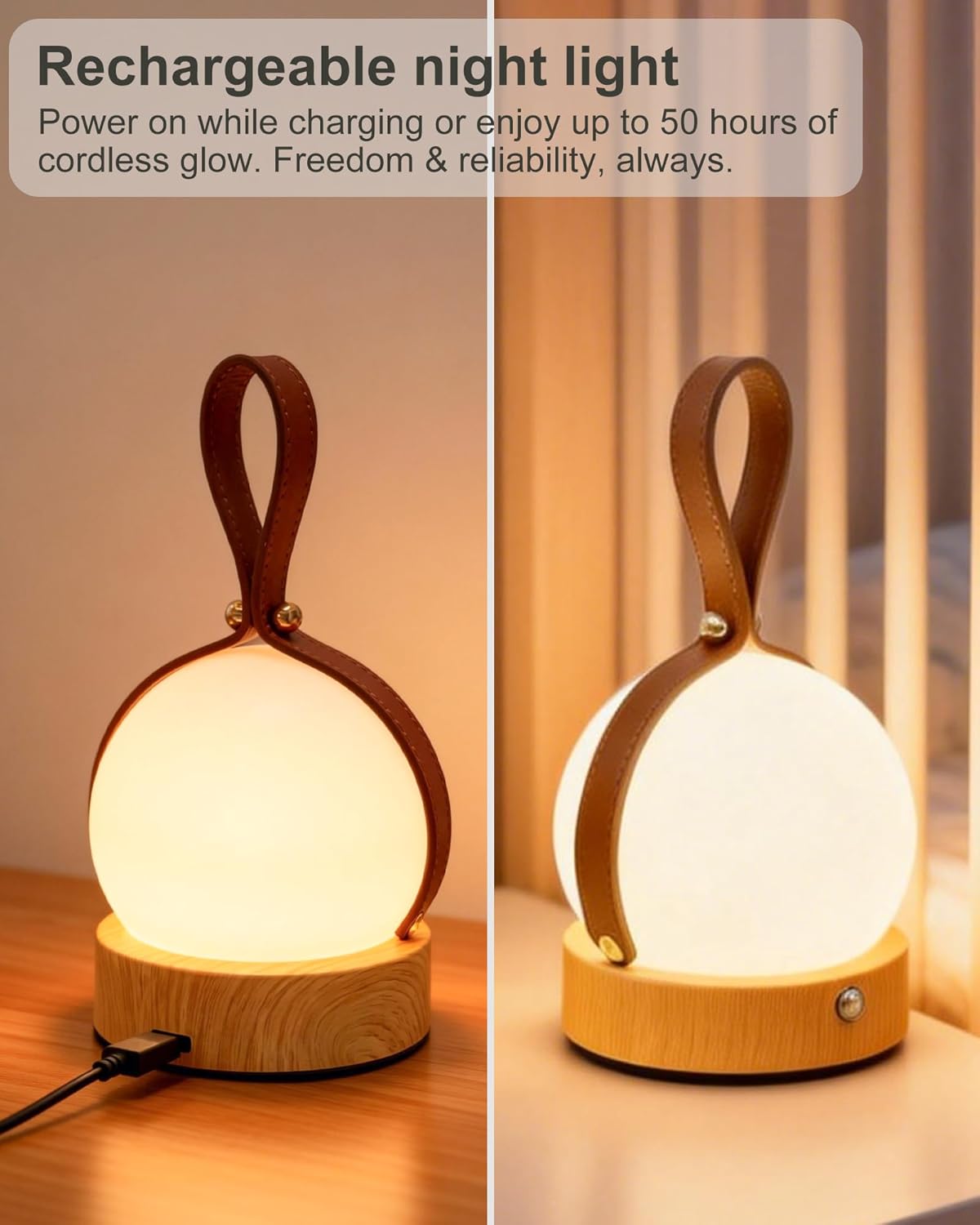 Natural Wood Grain Night Light - Dimmable Orb Table Lamp with Leather Handle, 3 Colors, 2000mAh Rechargeable, Use While Charging, Zen Decor Cordless Lamp for Home