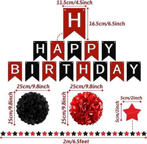 Miniatura 3 de Decoraciones de cumpleaños negro y rojo Cartel de feliz cumpleaños para niños, niñas, hombres y mujeres, suministros de fiesta