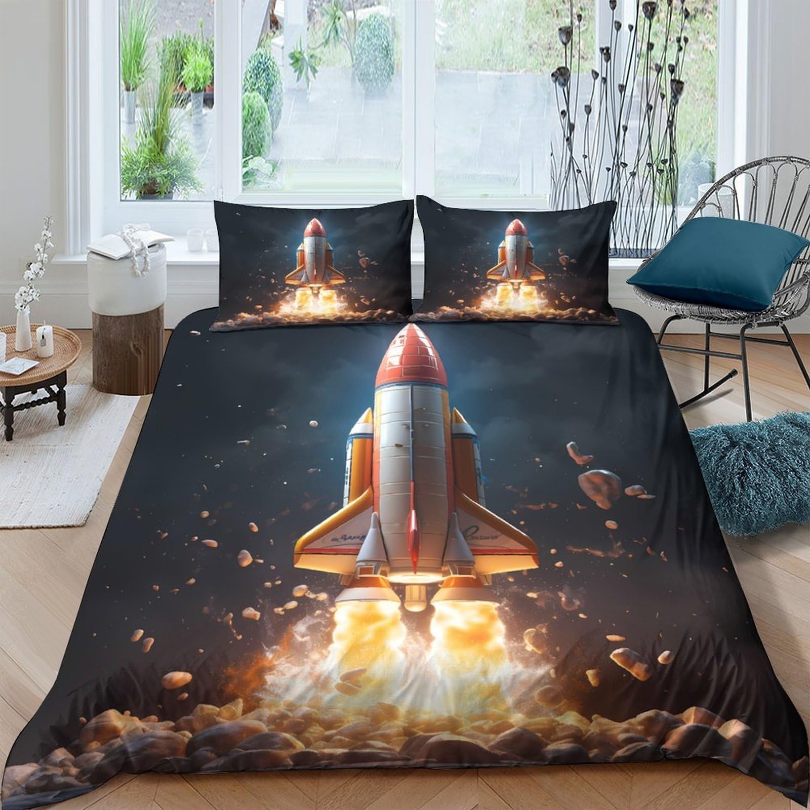 Ctjqhvkz Style-1 3D Printed Rocket Launch Fitted Sheet Microfiber Soft Breathable Space Shuttle Bed Cover For Bedroom Dorm Mattress Decor Single（135X200cm）