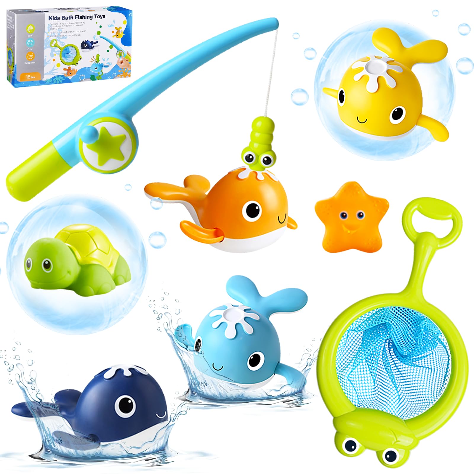 KIMIGO Juguetes Baño Bebé ,Juguetes Bañera para Bebe, Baby Bath Toys , Juego Pescar Peces, Conjunto Juguetes para Niños Pequeños de 1, 2, 3, 4, 5, 6 Años(8 Piezas )
