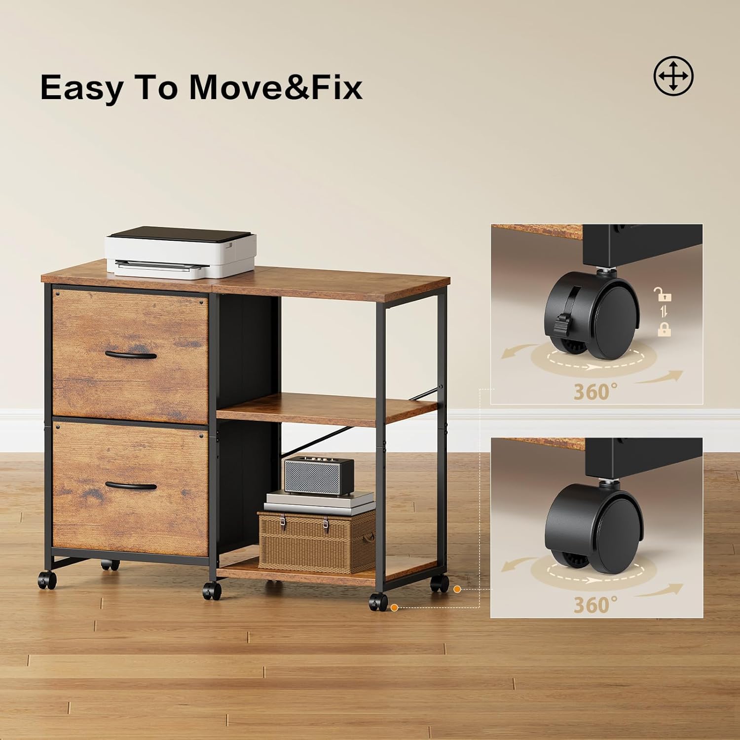 2-Drawer Fabric Lateral File Cabinet with Wheels, Rolling Printer Stand with Open Storage Shelf for Home Office, Rustic Brown