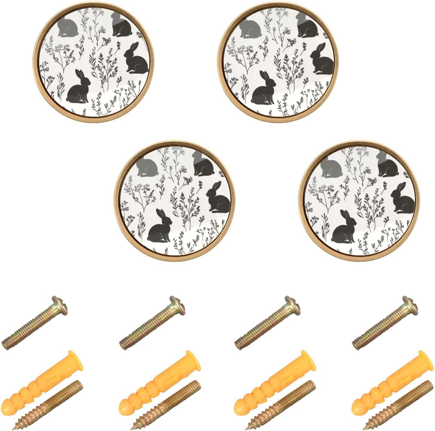 Bunnies and Wildflowers Cabinet Knobs 4 Pack Drawer Pulls 1-1/4 Inch Kitchen Cabinet Knobs, Round Dresser Knobs Cabinet for Home Furniture Decor