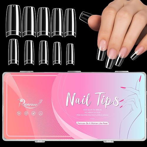 Ranrose Uñas postizas transparentes de punta francesa  500 uñas postizas medianas de media cubierta con caja, 10 tamaños de uñas de gel X para