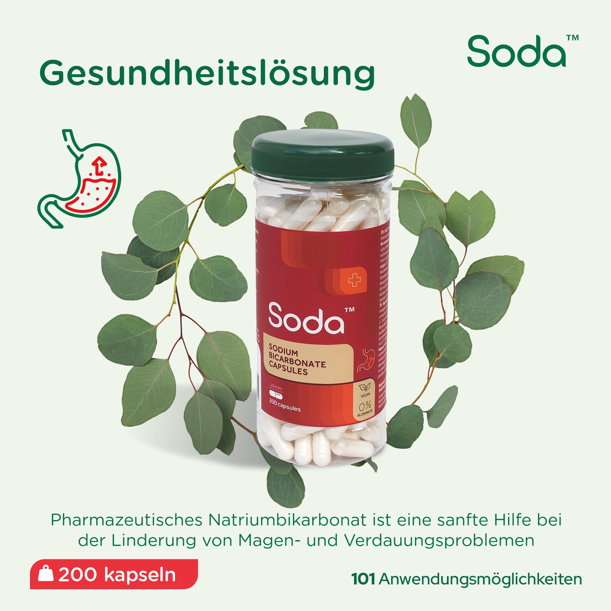 Soda Sodron Capsule - 100% idrogenocarbonato di sodio per sostenere l'equilibrio acido-base, Detox, cura orale e sport, 200 capsule in 1 flacone