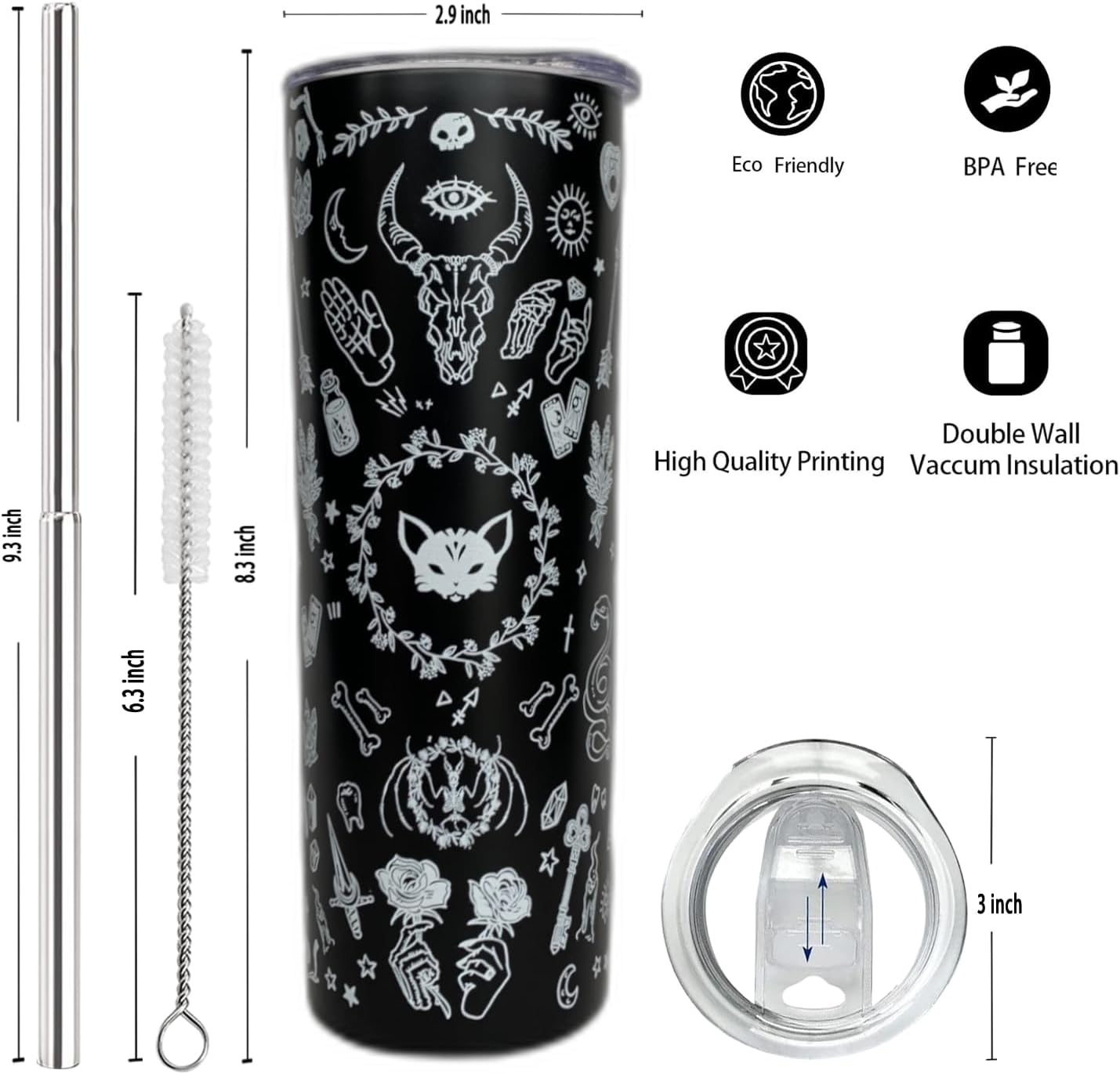 Goth Tumbler with Straw and Lid Gift for Boys Girls Gothic Water Bottle Halloween Travel Kettle Cup for Car Cold and Hot Stainless Steel Double Wall Insulated Mug (cat rose, 20oz) - Image 2