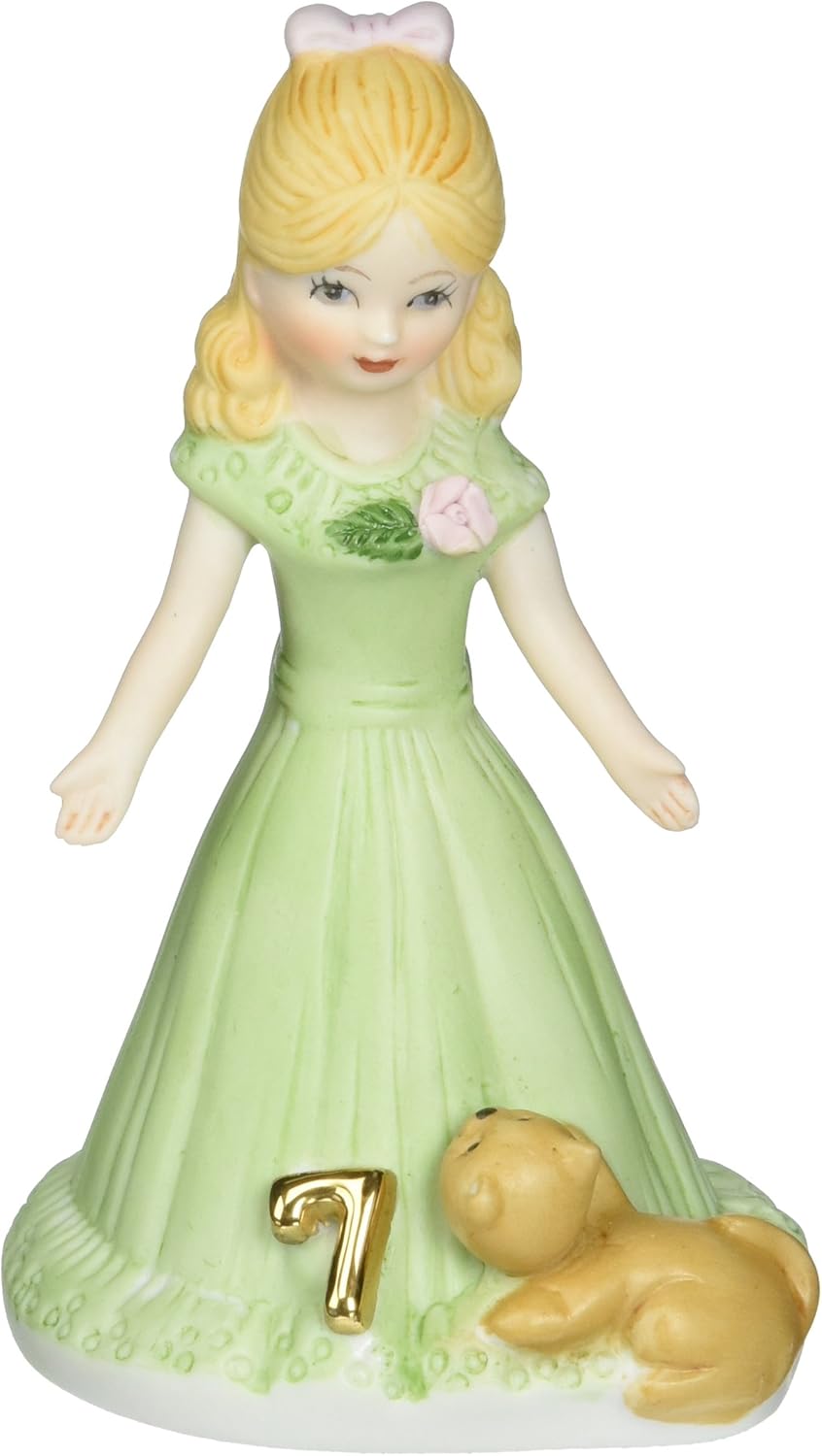 Enesco Growing Up Girls “Blonde Age 7” Porcelain Figurine, 4.5”, Golden,green,pink