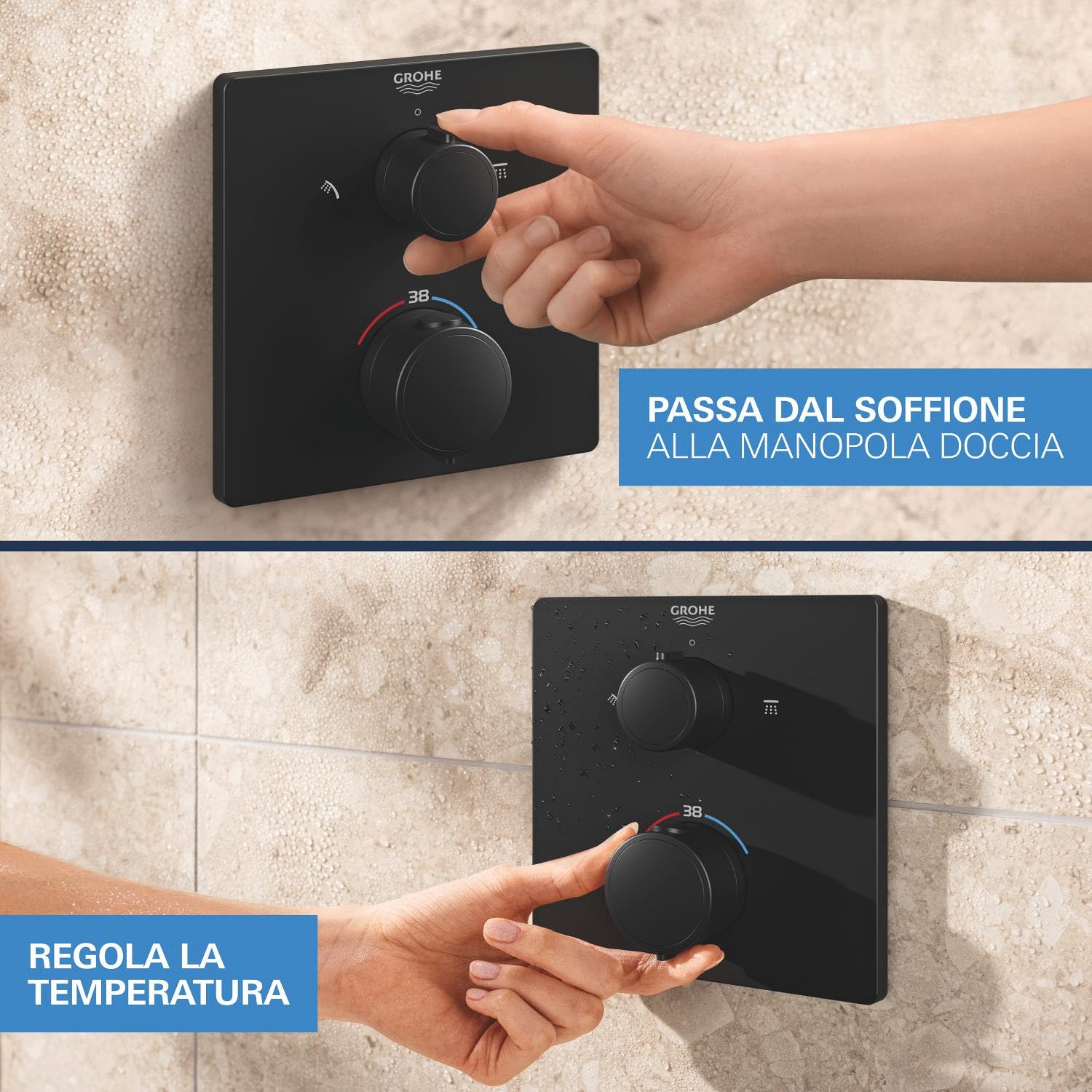 GROHE Precision - Sistema doccia da incasso con termostato per 2 uscite (valvola di intercettazione integrata, soffione 25 cm, doccetta a 2 getti, finitura quadrata), nero opaco, 348822430