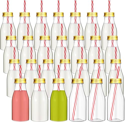 Irenare 40 juegos de botellas de leche pequeñas de plástico con popotes y tapas de metal, botella de plástico transparente para leche láctea,