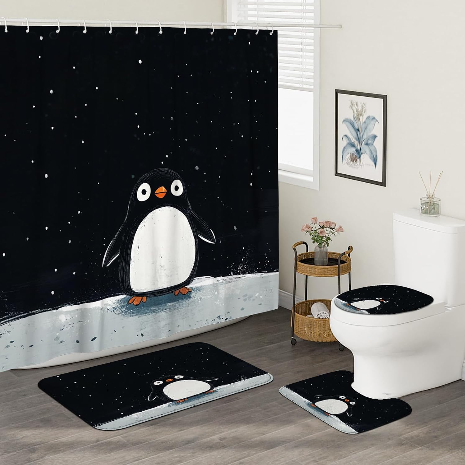 4PCS Cute Fun Penguin Bathroom Sets, Bath Accessory with Non-Slip Rug, U Shape and Toilet Lid Cover Mat, Cartoon Child Animal Bathroom Decor-72''x72''