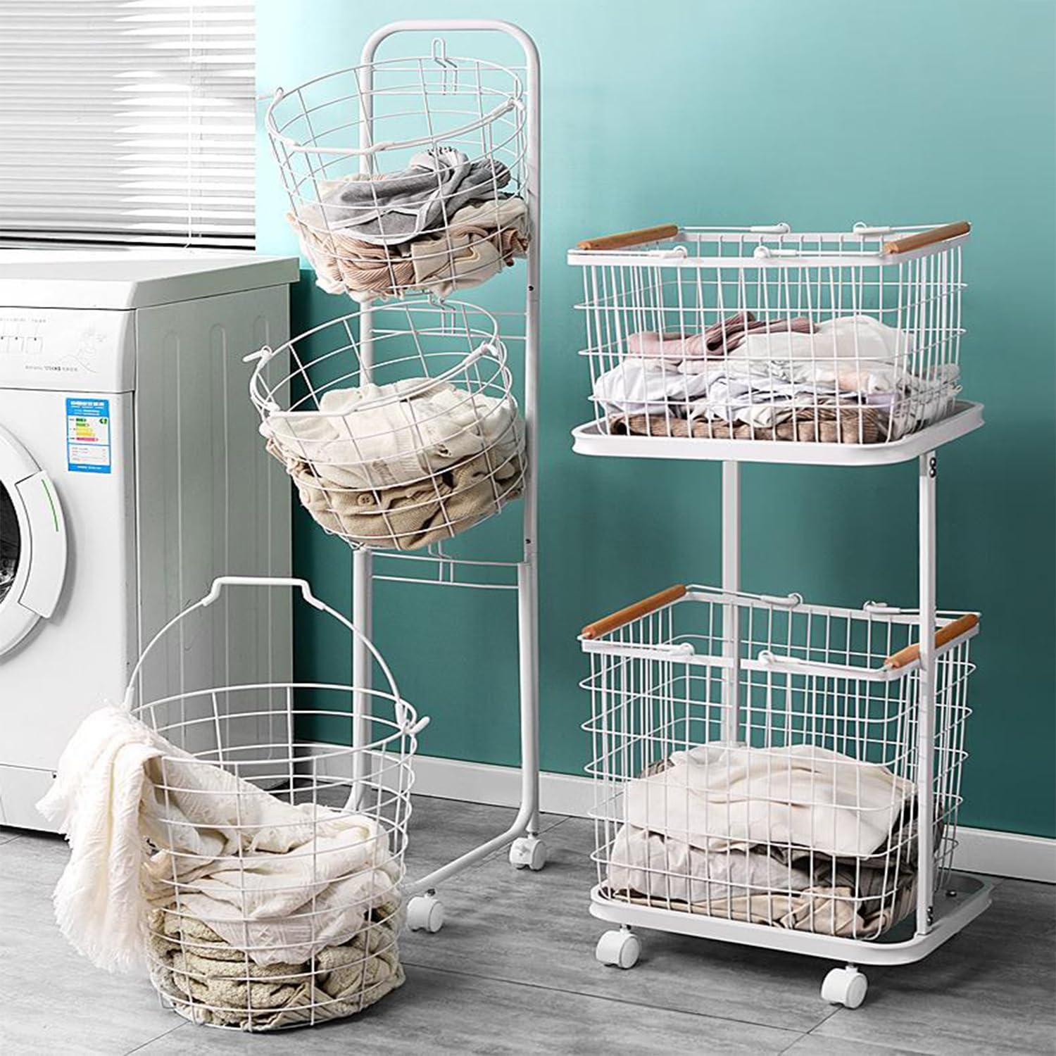 3 Tiers Laundry Hamper with 3 Removable Baskets, Standing Laundry Basket with Wheels Mobile Laundry Cart White for Bathroom Closet