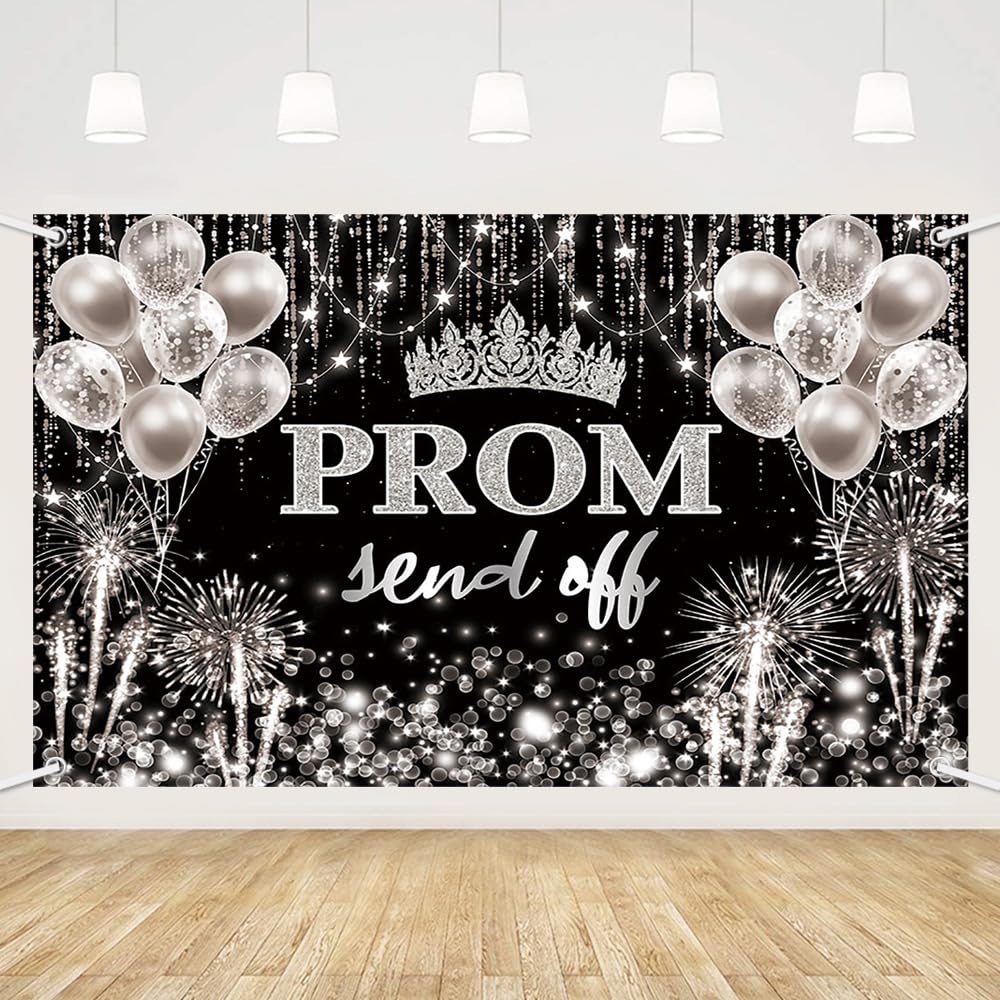 MEHOFOND Prom Send Off Backdrop Black and Silver Prom 2025 Photography Background Silver Glitter Congrats Graduation 2025 Party Decorations Banner