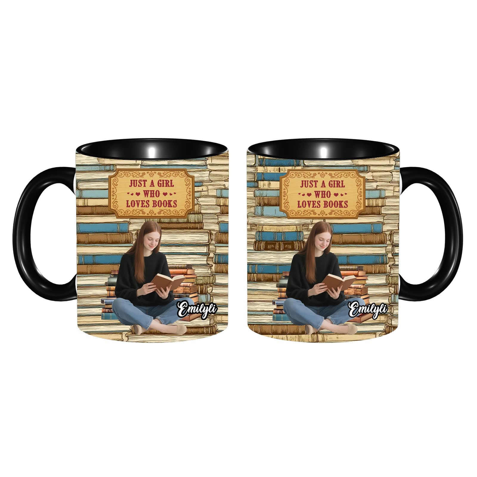 KKIIOEXX Just A Girl Who Loves Books Coffee Mug,Personalized Coffee Cup with Name Portrait,Custom Ceramic Tea Cup Coffee Mugs,Gifts for Book Lovers Readers Bookworms Librarian