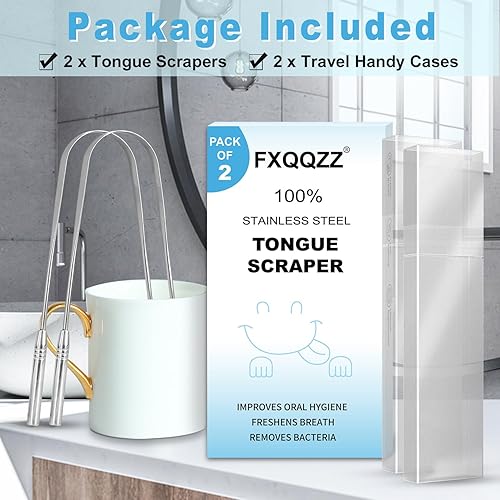 Miniatura 7 de Raspador de lengua de acero inoxidable para adultos, raspador de lengua profesional de metal con estuche de viaje, cepillo limpiador de lengua