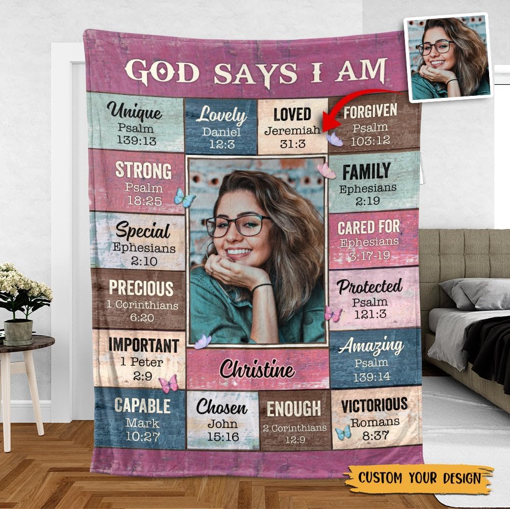 God Says I Am Pink Photo Personalized Blanket Meaningful Gifts For Christmas, Inspirational Positive Thinking Daily Affirmation, Mental Health Gifts For Men Women, Bible Verse Christian Blanket