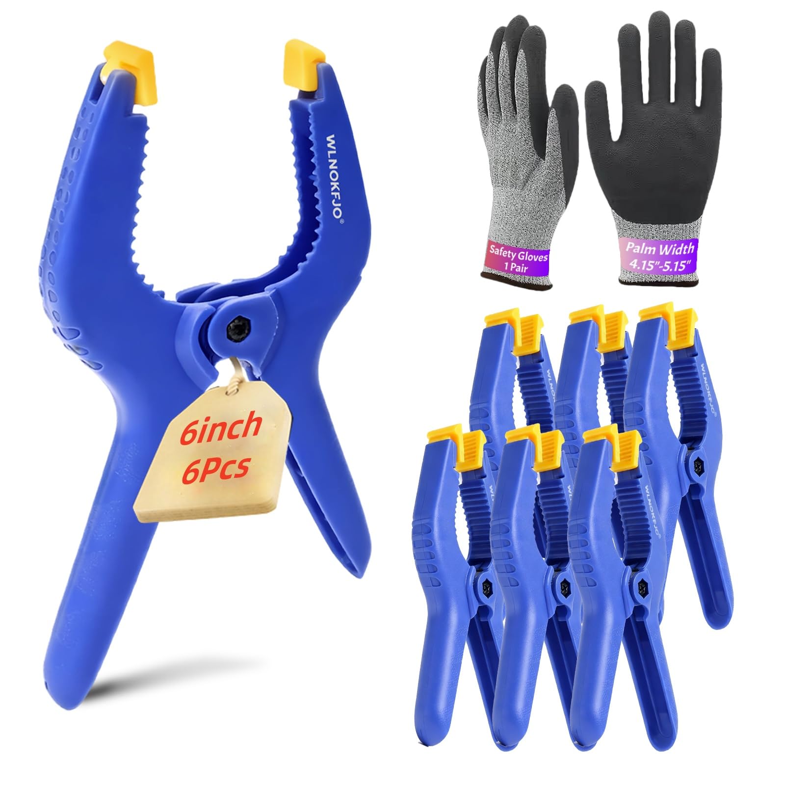 Wlnokfjo 6 inches Spring Clamps Heavy Duty - 6 Pack Large Plastic Clamps& Safety Work Gloves for Woodworking, Crafts, Backdrop and Pool Cover with 3