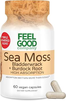 Feelgood Company Sea Moss Bladderwrack with Burdock Root Supplement, High Absorption, 60 Vegan Capsules, Plant-Based Superfood for Thyroid Support