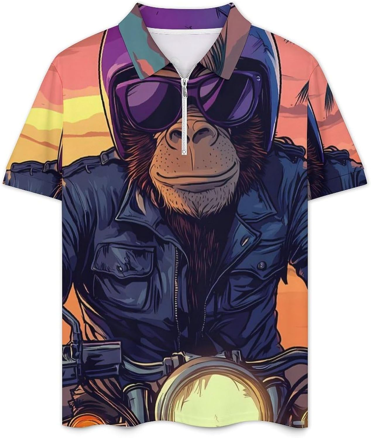Animal Monkey Gorilla Riding Motorcycle Mens Polo Shirts Track Suits 2 Piece Short Sleeve Sweatsuit 1/4 Zip Golf Loungewear for Sports