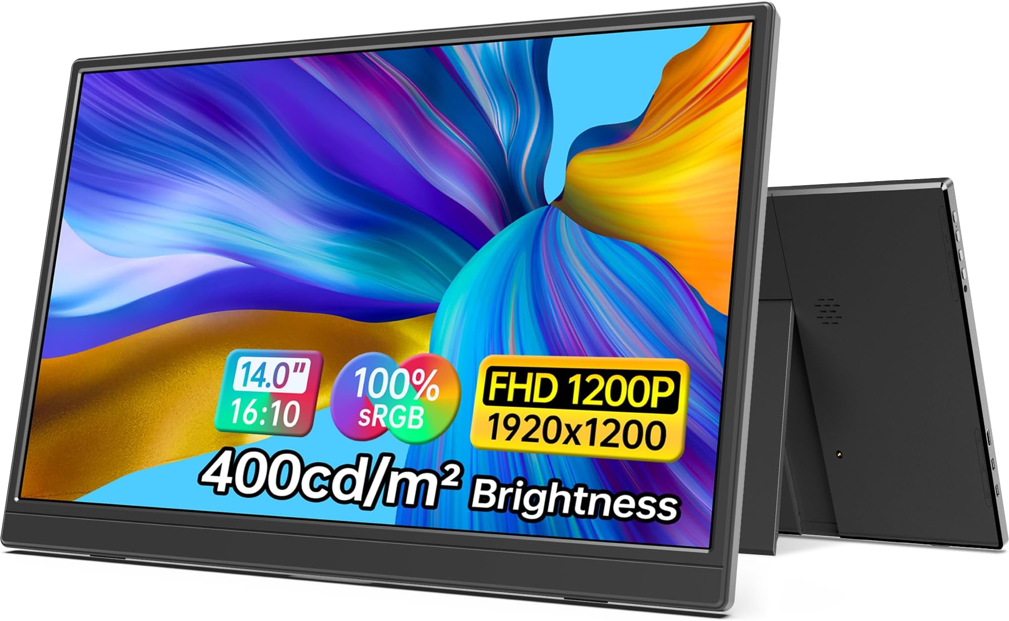 14 Inch Portable Monitor FHD1200P Ultra-Slim for Laptop Monitor, USB-C&HDMI Plug&Play,100% SRGB,Dual Speakers Extender Display. Built-in Stand,for Laptop,PC Phone Xbox PS4/5