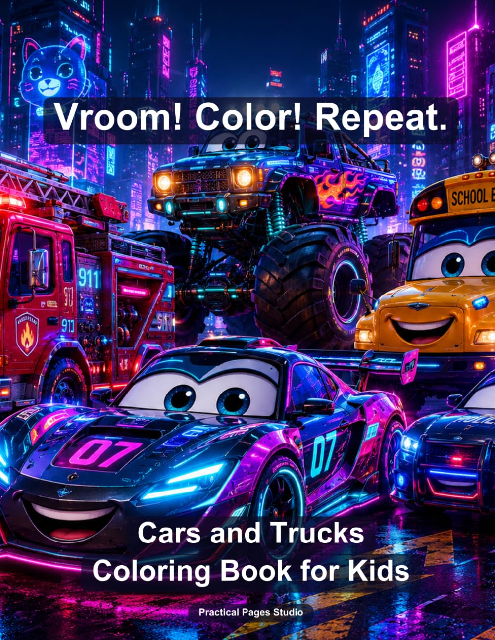 Cars and Trucks Coloring Book for Kids: 28 Fun Vehicle Designs with Big Bold Outlines — Ages 3-8, Easy to Color