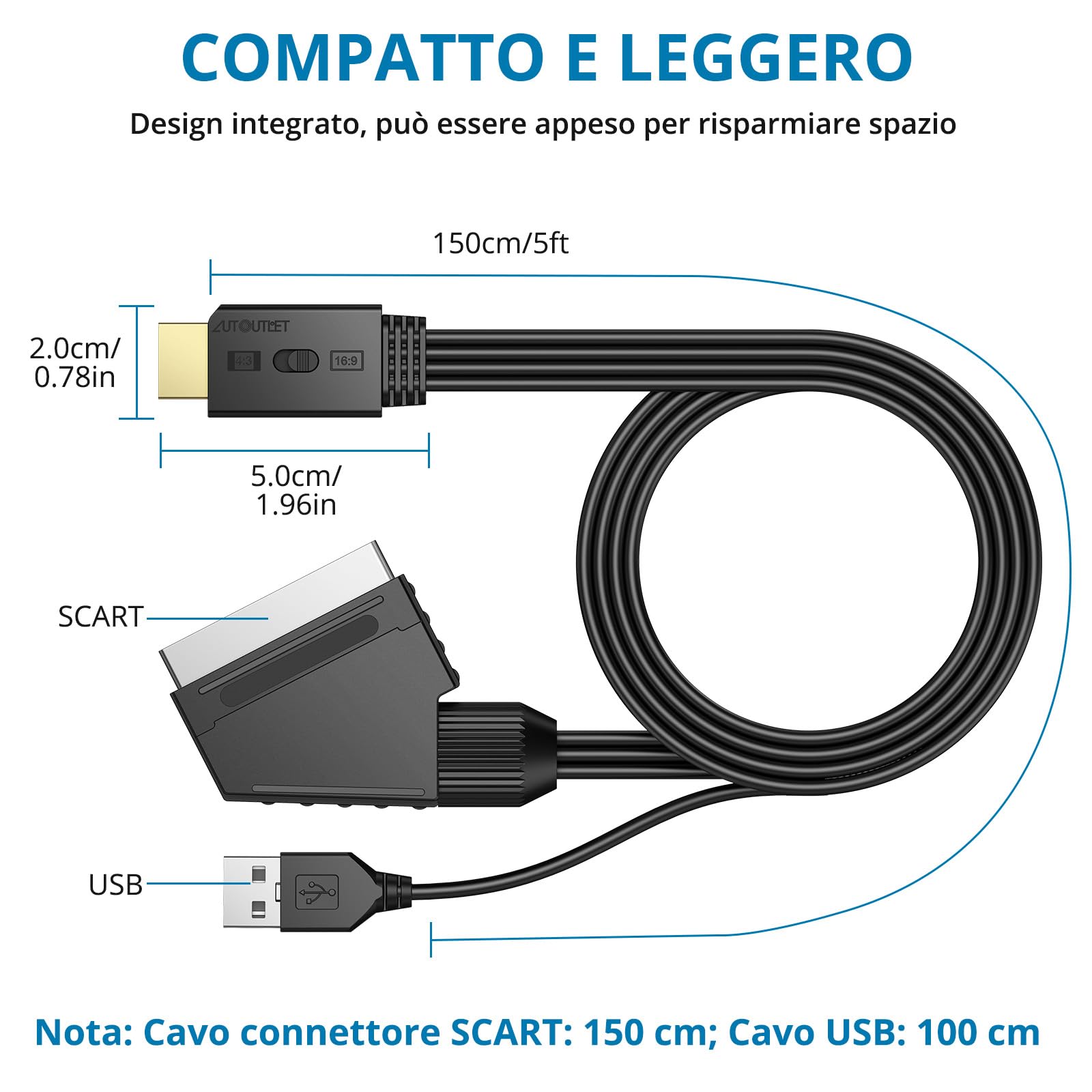 AUTOUTLET Convertitore Scart a HDMI 1080P Supporto Conversione 16:9 4:3 PAL NTSC Adattatore con Cavo 150 cm