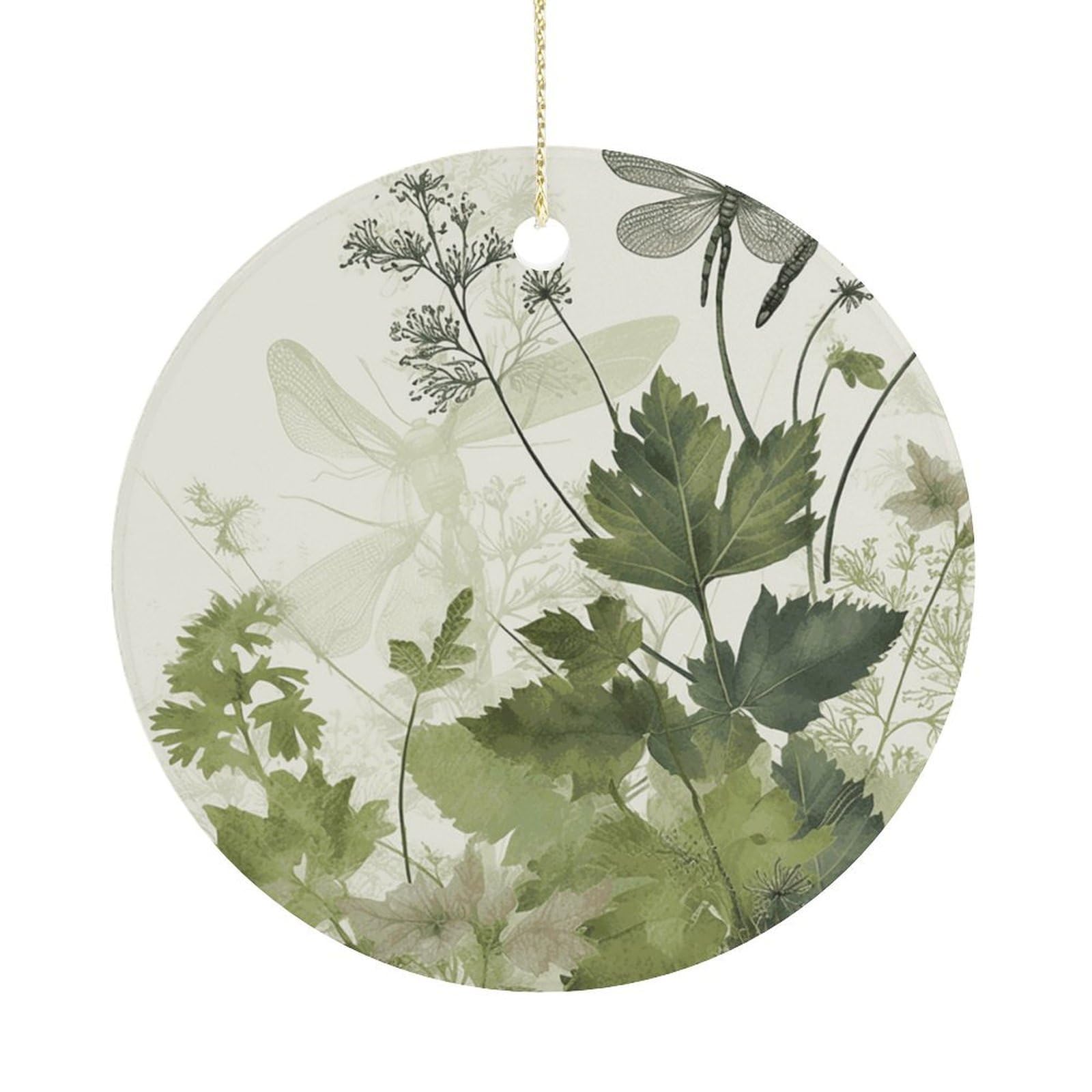 Foliage and Herbs with Dragonflies Winged Christmas Ornaments Colorful Round Ceramic Ornament Christmas Hanging Decor Christmas Tree Decorations Xmas Keepsake for Women Men Xmas Holiday Party