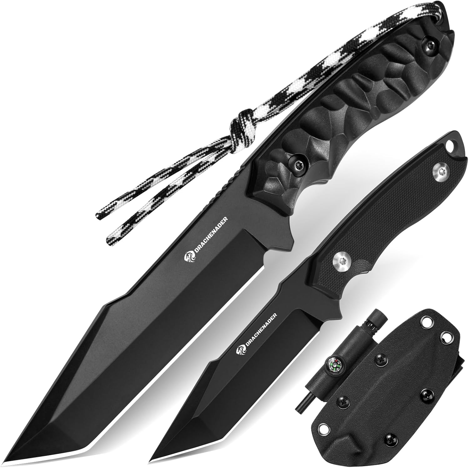 2-Piece Tanto Fixed Blade Knife Set – 5" Full Tang Blade & 3.5" Compact Blade with Fire Starter, Compass & Whistle, Great Gift for Outdoor Enthusiasts & Survivalists