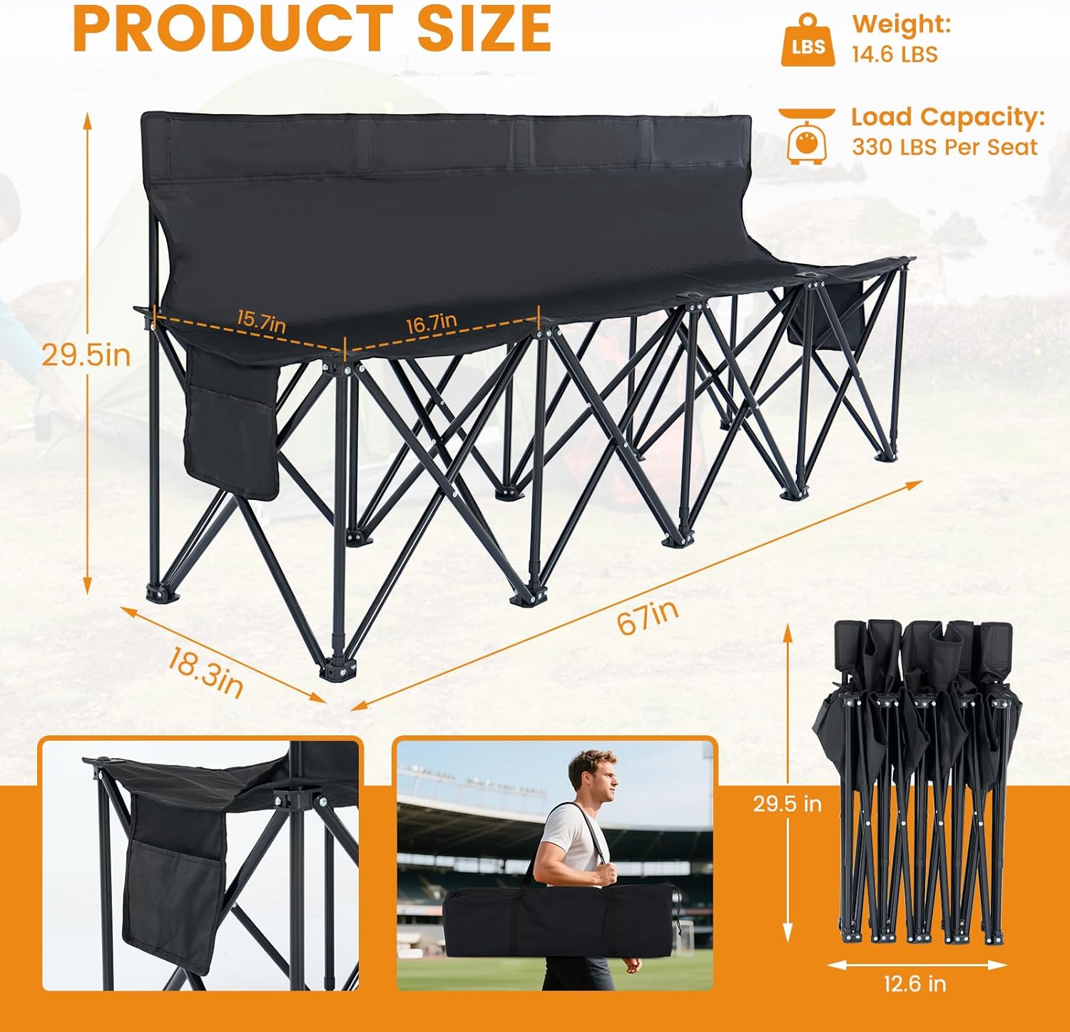 LILYPELLE Portable Soccer Bench, Team Bench Soccer 4 Seats with Carry Bag, Sideline Folding Bench for Football Camp Outdoor Sport Events, Team Chairs for Adults, Black