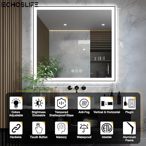 Miniatura 3 de EchosLife Espejos de baño LED de 36 x 36 pulgadas para pared, marco de aluminio negro (frontal y retroiluminado), espejo de tocador antivaho con