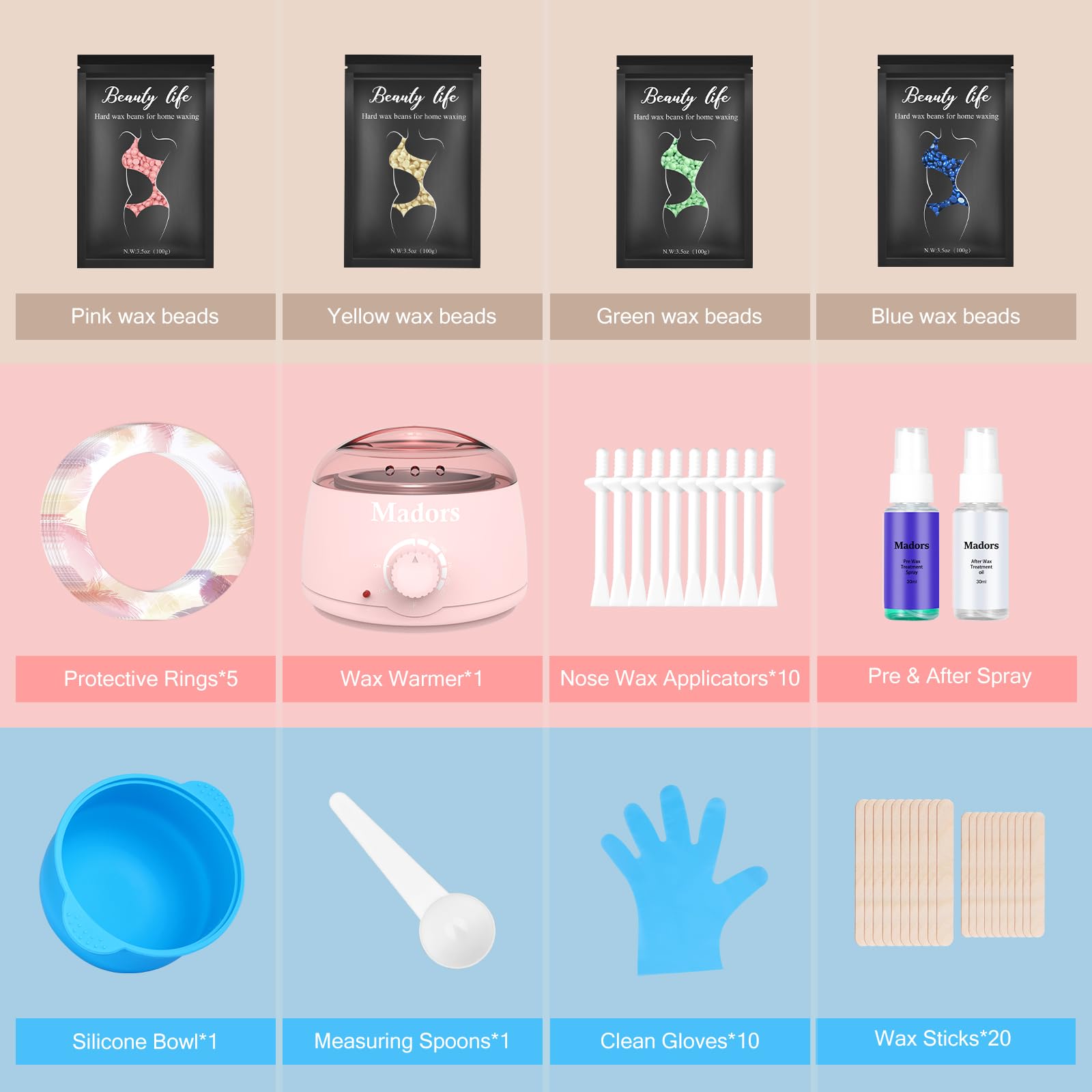 Madors Waxing Kit for Women Heating Ring Wax Warmer Wax Kit for Hair Removal Intelligent Temperature Control Wax Machine with Hard Wax Beads(Pink) - Image 2