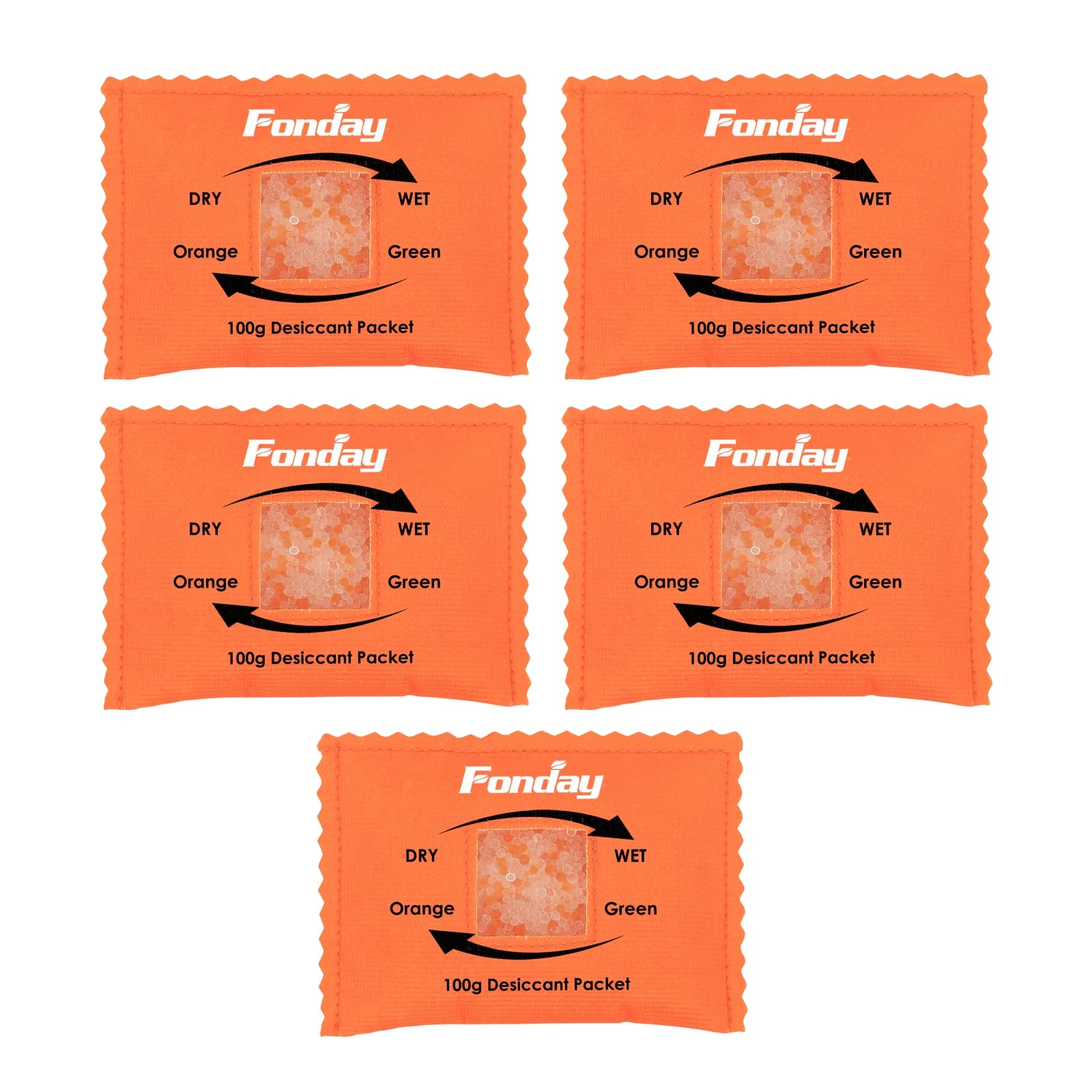 5Packs x 100Gram Fonday Rechargeable Silica Gel Desiccant Packets Moisture Absorber - Fast Reactivating, Orange to Dark Green Indicator for Storage Bins Suitcase Safe 3D Filaments Electronics