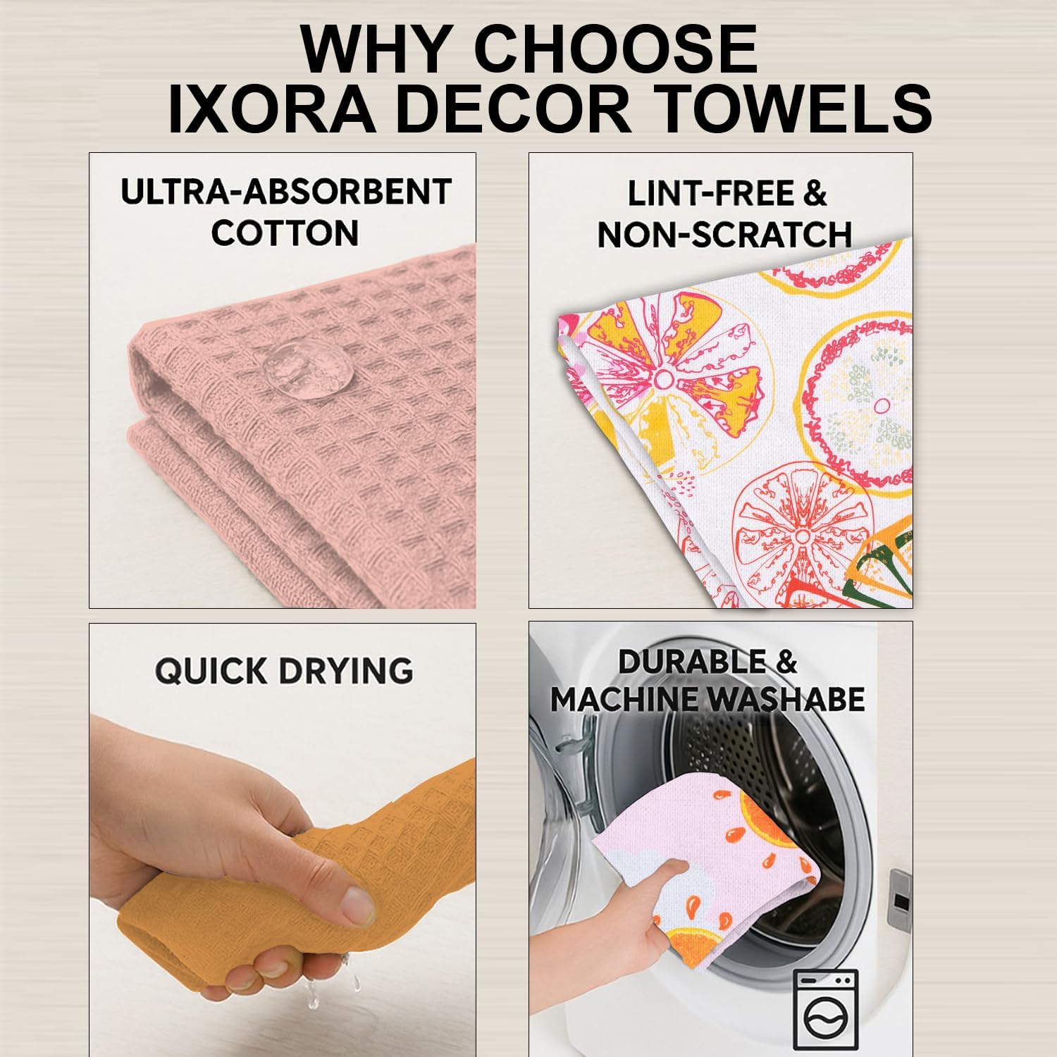 100% Cotton Kitchen Towels Set of 4 | 2 Solid Dyed Waffle Weave Dishcloths & Citrus Digital Kitchen & Table Linen Cloth | Super Absorbent Napkins | 50 x 70 Inches - Pastels