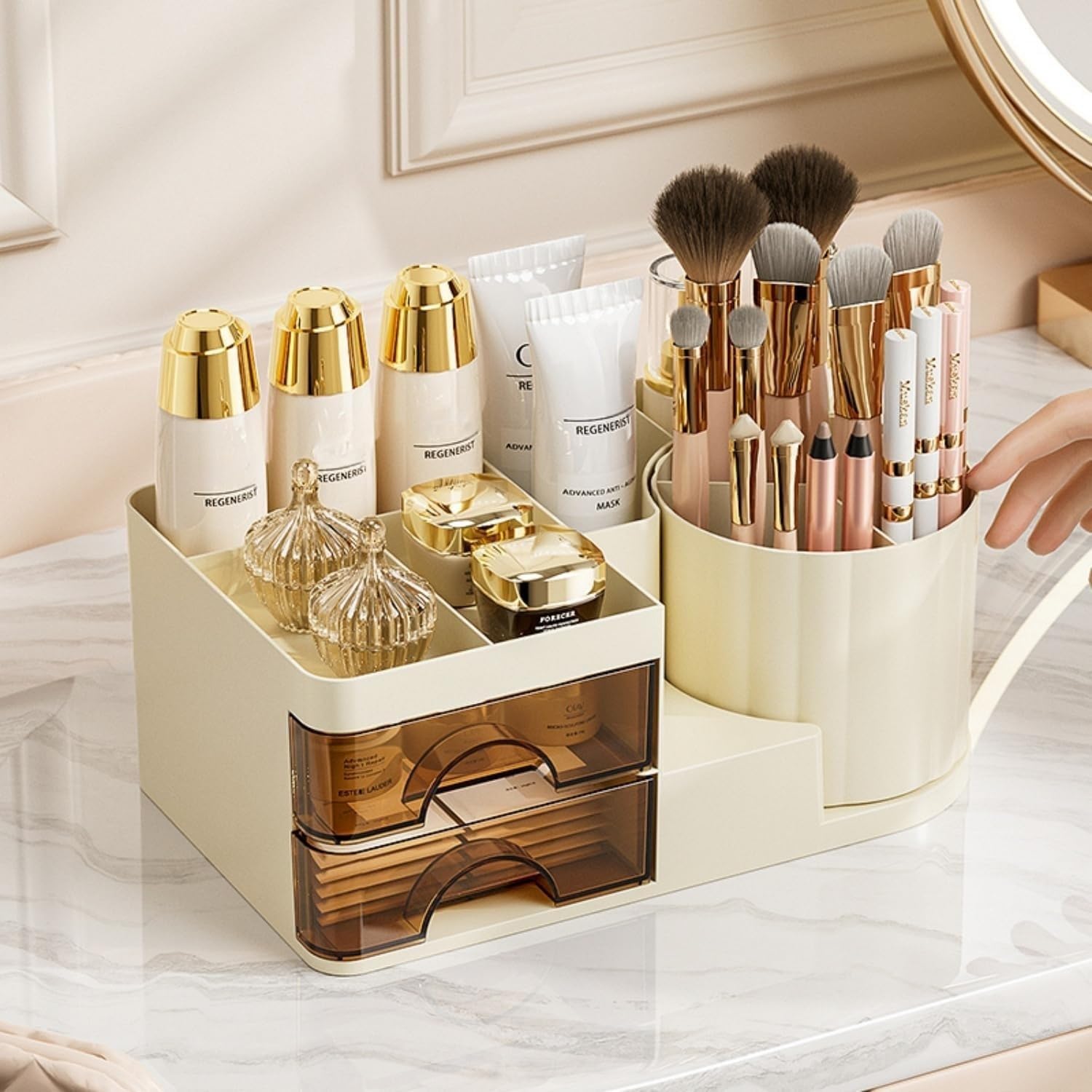 Makeup Organizer for Vanity with 2 Drawers,Countertop Rotating Makeup Brush Holder,Bathroom Organizer Holder,Cosmetic Display Case for Lipstick,Beauty,Skincare Organizer (Cream) - Image 5