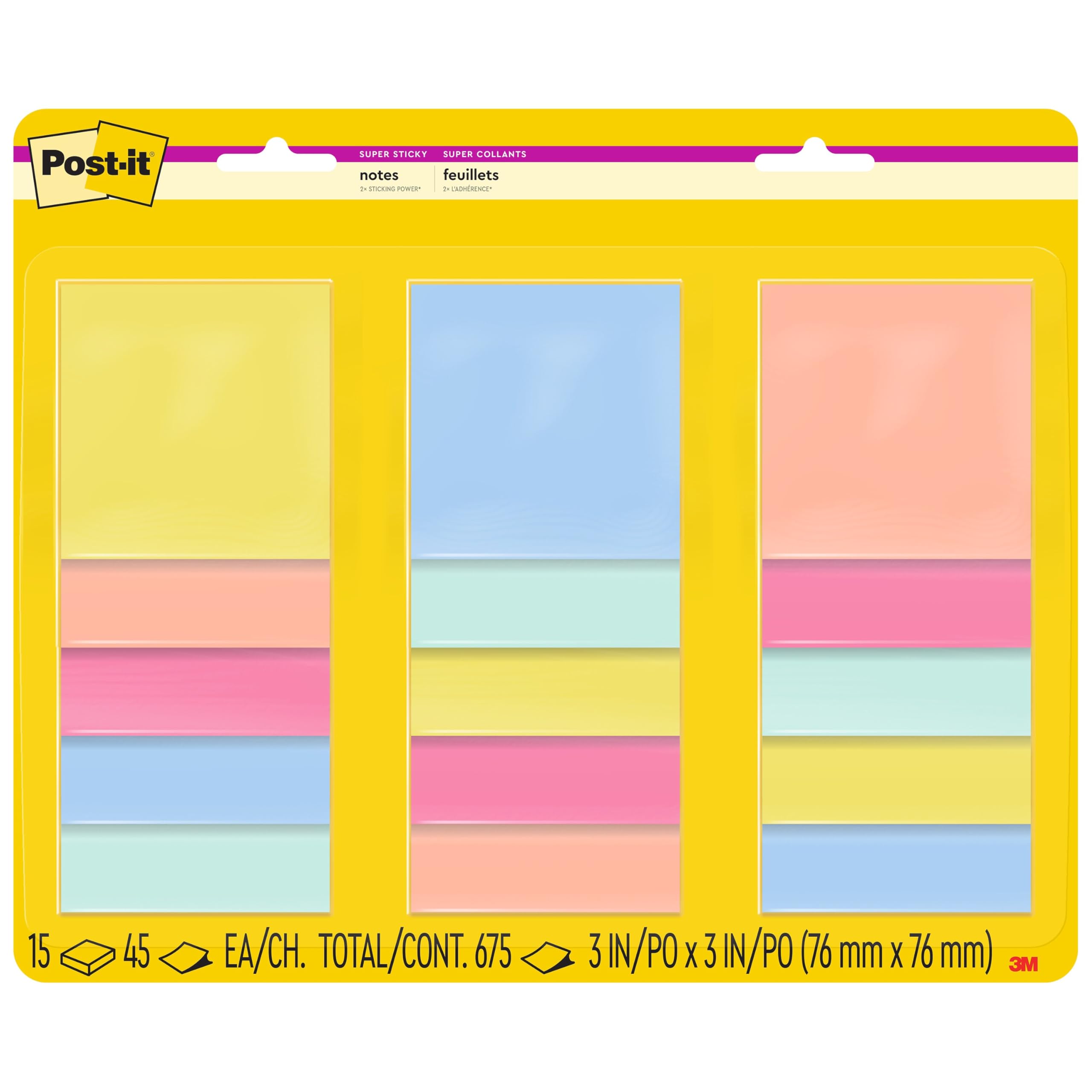 Post-it Super karteczki samoprzylepne, 7,6 x 7,6 cm, 15 wkładek, 2 x The Sticking Power, kolekcja Summer Joy, różne kolory (654-15SSJOY)