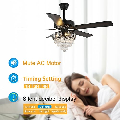 Miniatura 6 de Modernos ventiladores de techo de cristal con luces y control remoto, ventilador de techo negro retro de granja, ventilador de techo de 52 pulgadas