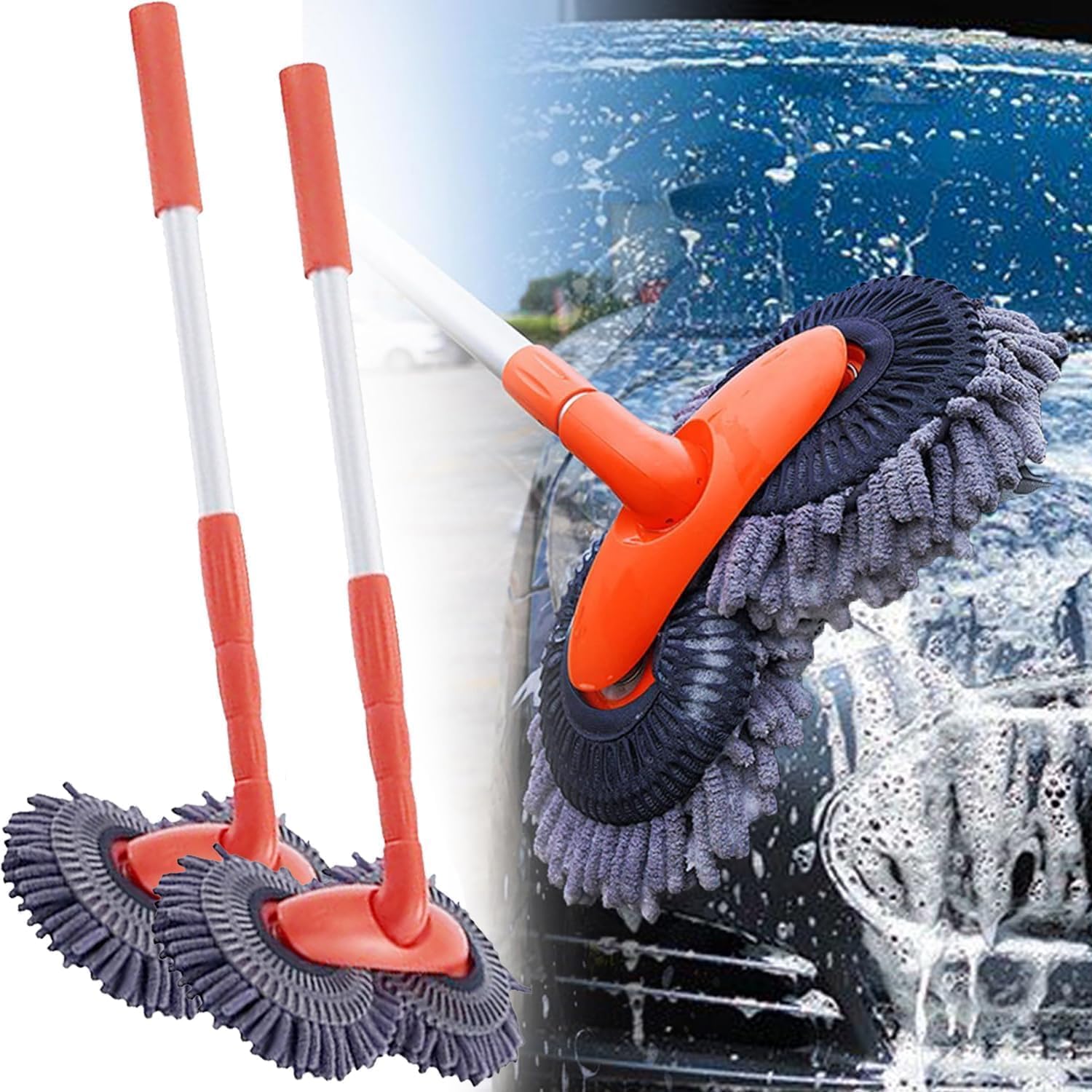 Auto Waschbürste Mop, Doppelkopf Teleskop Reinigungswerkzeug mit Mikrofaser, Langer Griff Rotierender Mop für Autos und Glas, 2 Packungen