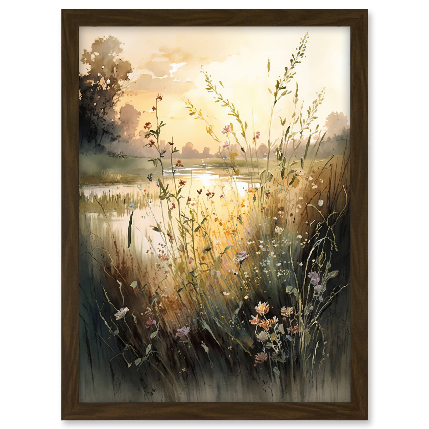 Artery8 Serene Lakeside Landscape with Wildflowers at Dawn Modern Watercolour Painting Artwork Framed A3 Wall Art Print