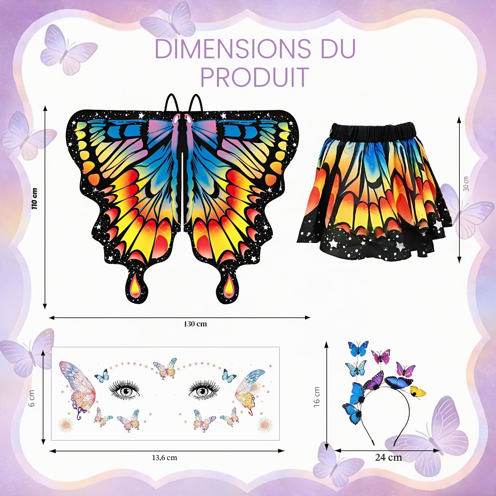 Deguisement Papillon pour Fille Déguisement Ailes de Papillon pour Enfant Deguisement Fille Cape Double pour Halloween Carnaval Cosplay Mascarade