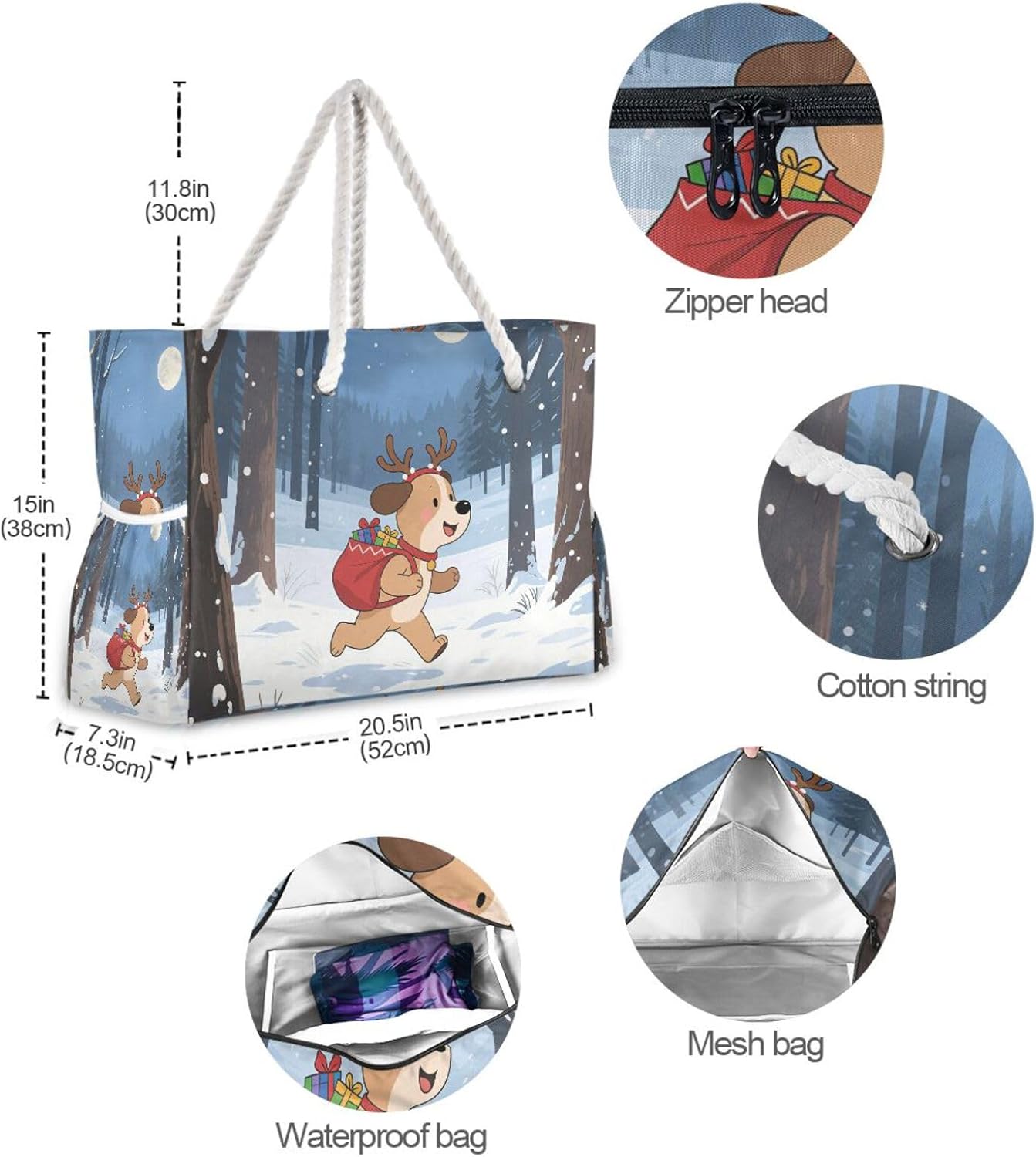 OTVEE Cute Dog for Christmas Day Beach Bags for Women Ladies Large Canvas Tote Shoulder Bag Waterproof Travel Bags for Gym Swim Pool Camping