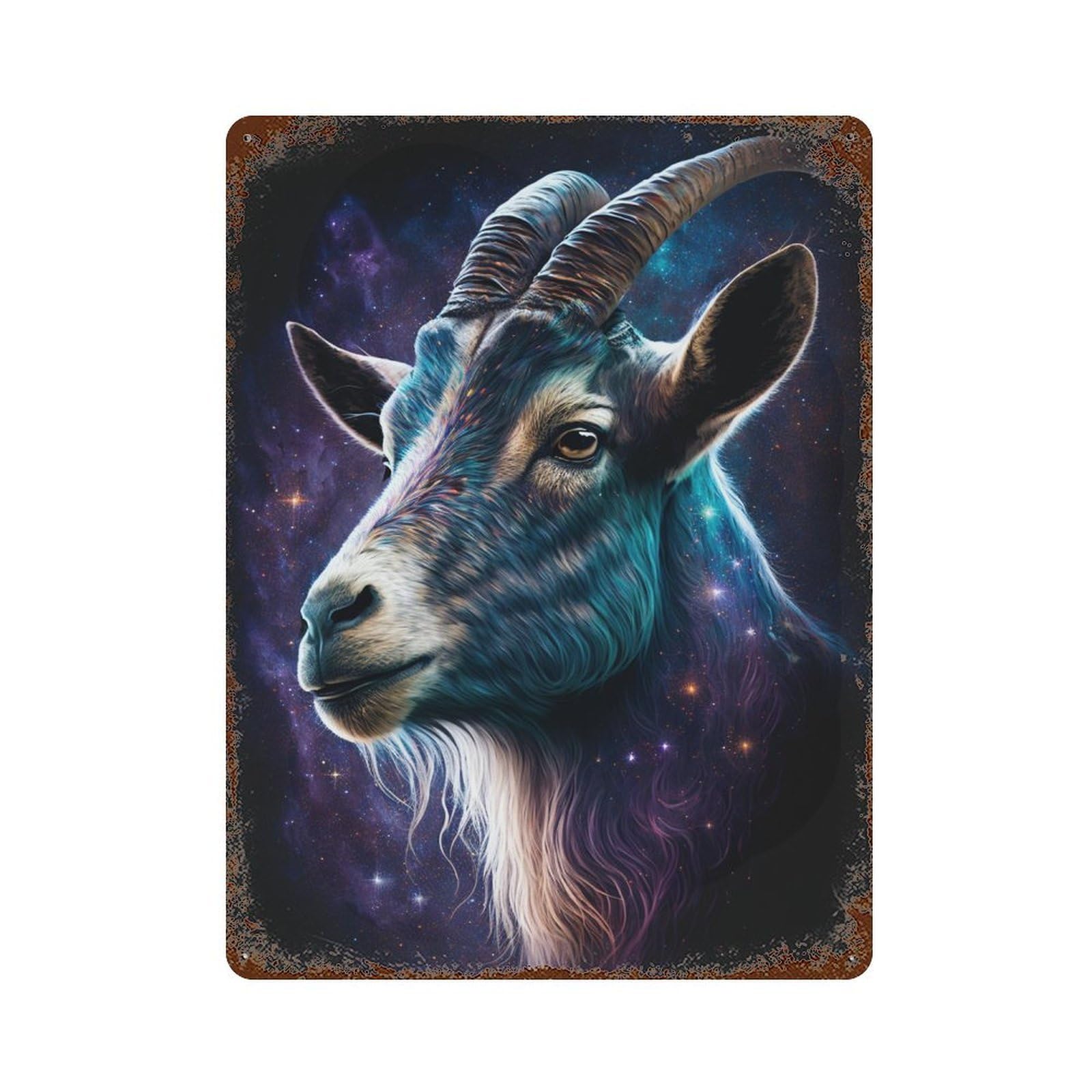 Galactic Goat Portrait 15.7"x11.8" Distressed Metal Wall Sign, Shabby Chic Decor for Shed, Workshop And Garage Wall Decor