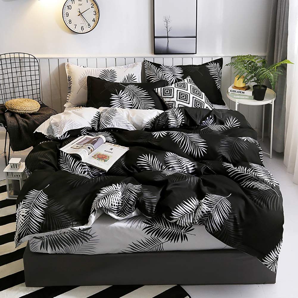 Bettwäsche 135x200 4teilig Schwarz Weiß Palmenblätter Wendebettwäsche Set | Oeko tex, Microfaser, Tropische Blätter, Wende, Bettbezug, Reißverschluss, 2 Kissenbezug 80x80cm